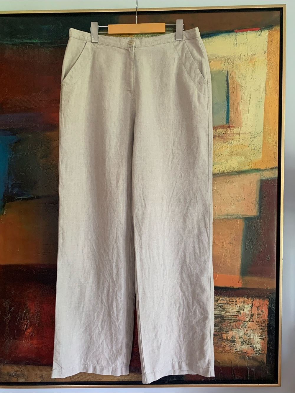 L.L. Bean Premium Linen Straight-Leg Trousers Tan 14 Regular